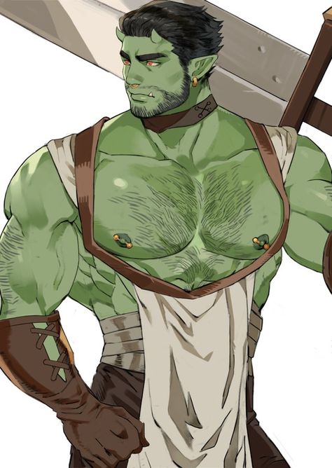 Half-orc Male, Half Orc, Arte Monster High, Anime Guys Shirtless, Dungeons And Dragons Characters, Mythical Creatures Art, Character Design Male, Anime Oc, Gay Art