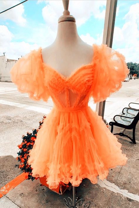 Short Orange Hoco Dress Orange Hoco Dress, Middle School Prom Dresses, Hoco Dress, Hoco Dresses, Puffy Sleeves, Homecoming Dresses, Homecoming, A Line, Prom Dresses