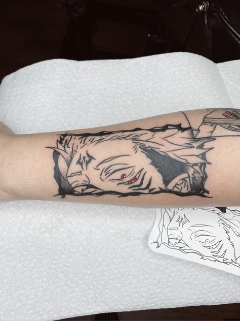 #jjk #sukuna #tattoo Jjk Tattoos Ideas, Jjk Sukuna Tattoo, Sukuna Eyes Tattoo, Sukuna Arm Tattoo, Jujutsu Kaisen Tattoo Ideas Sukuna, Anime Tattoo For Women, Yuji Itadori Tattoo, Jujitsu Kaisen Tattoo Designs, Solo Leveling Tattoo Ideas