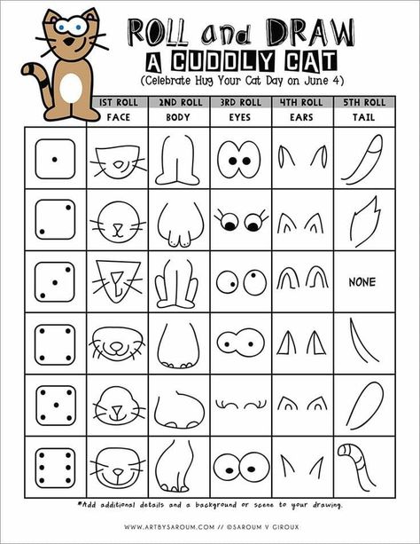 Dice Drawing, Roll And Draw, Hug Your Cat Day, Drawing Games For Kids, Design Learning, Dekorasi Halloween, Learning Corner, Drawing Activities, Drawing Cat