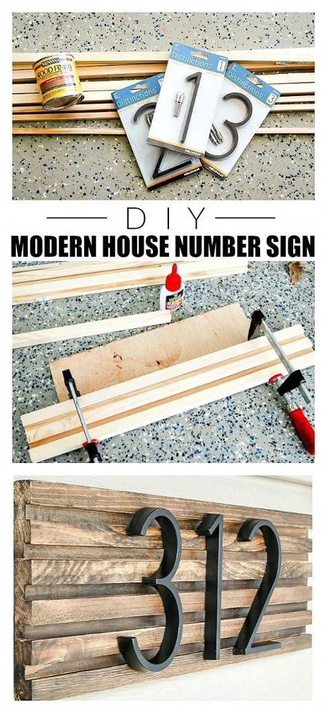 How to make a modern house number sign from square dowels. #diyhousenumber #curbappeal #frontporch #porchdecor #diy #moderndecor #diydecor #housenumbersign # #easyhomedecor Modern House Number Sign, Modern House Numbers Sign, House Numbers Diy, A Modern House, Modern House Number, House Number Sign, Number Sign, Diy House Projects, Funky Junk