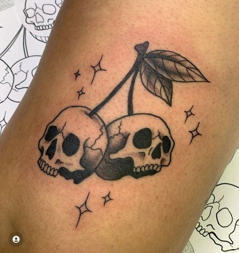 Cherry Skull Tattoo, Pretty Skull Tattoos, Skull Cherries, Small Skull Tattoo, Coffin Tattoo, Tato Tradisional, 16 Tattoo, Cherry Tattoos, Goth Tattoo