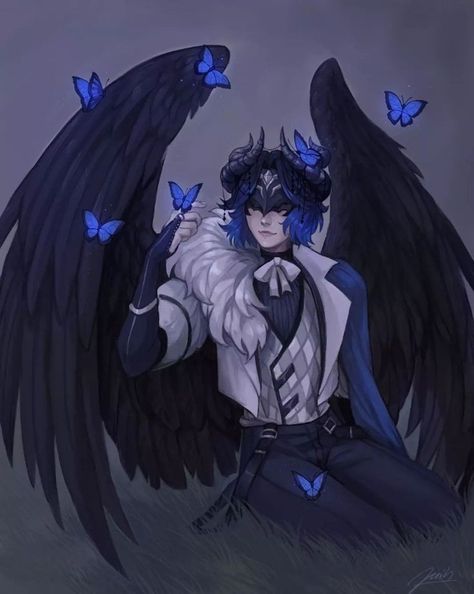 Anime Angel With Black Wings, Black Wings Character Design, Winged Human Art Male, Winged Human Character Design Male, Winged Male Oc, Butterfly Oc Male, Human With Wings Drawing, Anime Guy With Wings, Winged Oc Art