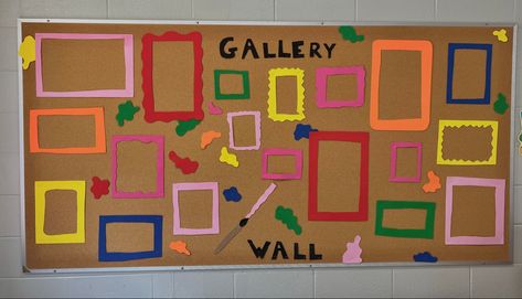 Bulletin Board Ideas To Display Art Work, Art Wall Daycare Artwork Display, Teacher Art Display Wall, Whole School Art Display, Artwork Corner Wall, Ways To Display Artwork In Classroom, Preschool Gallery Wall, Art Wall In Classroom, Preschool Display Ideas