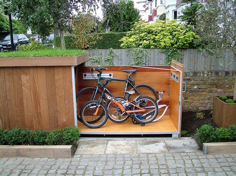 Bike storage slides closed! by Treesaurus Outdoor Bike Storage, Build A Bike, Outside Storage, Outdoor Biking, Bicycle Storage, Garden Tool Storage, Bike Shed, Shed Homes, Bike Storage