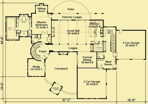 Main Level Floor Plans For Tuscan Villa Tuscan Villa Floorplan, Villa Floorplan, Foyer Interior, Tuscan Style Villa, Tuscan Architecture, Tuscan House Plans, House Plans For Sale, Circular Stairs, Tuscan Style Homes