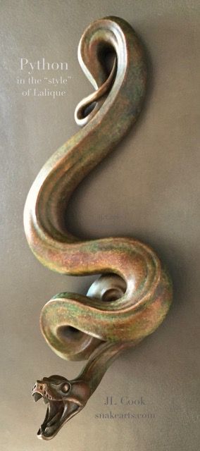 Bronze Snake. Python in the "style" of Lalique. JL Cook snakearts.com Clay Snake Sculpture, Python Art, Ceramic Snake, Snake Carving, Snake Statue, Snake Decor, Snake Sculpture, Snake Heads, Metal Snake