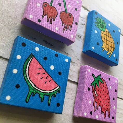 Drippy fruit canvas magnet set! A strawberry, a watermelon, a pineapple, and cherries. Super-strong and perfect for your fridge or locker :). 2x2 Canvas Paintings, Canvas Fridge Magnets, Strawberry Painting, Kids Canvas Art, Coaster Art, Inspiration Painting, Canvas Paint, Kids Canvas, Canvas Painting Designs