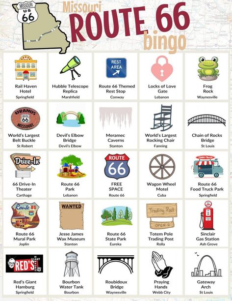 Rt 66 Road Trip, Route 66 Attractions, Route 66 Trip, Road Trip Bingo, Arizona Aesthetic, Printable Road, Route 66 Road Trip, Road Trip Routes, Road Trip Games