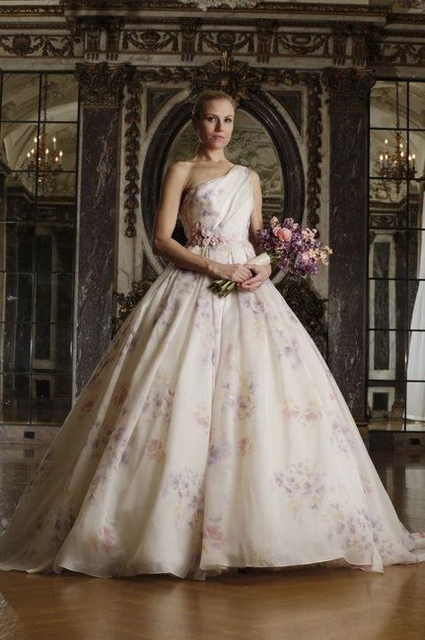 Romona Keveza watercolor one-shoulder wedding ball gown Watercolor Wedding Dress, Floral Wedding Gown, Romona Keveza, Printed Organza, Organza Wedding Dress, 2016 Wedding, Dress Label, Organza Wedding, Floral Wedding Dress