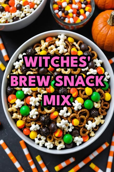 A photo of a  Witches' Brew Snack Mix which is a type of halloween snack mix Halloween Snack Mix For Kids, Salty Halloween Treats, Salty Halloween Snacks For Party, Salty Snacks For Halloween Party, Halloween Snack Mixes, Halloween Snacks For Work, Halloween Party Mix Recipes, Halloween Party Mix Snacks, Halloween Trail Mix Ideas