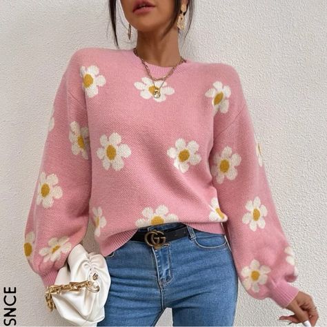 Sweetness Floral Sweater Manche, Lantern Sleeve Sweater, Floral Sweater, Drop Shoulder Sweaters, Sweaters Knitwear, Pullover Shirt, Basic Style, Denim Top, Knitted Pullover