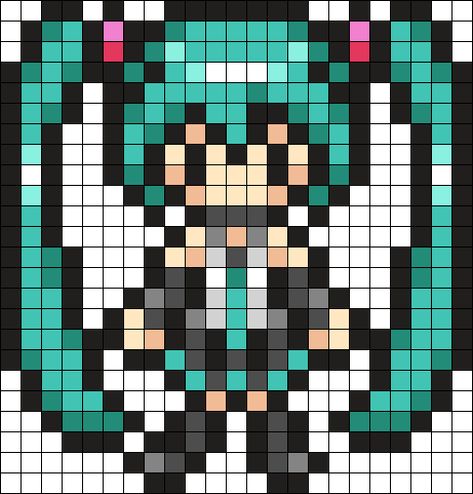 Hatsune Miku Alpha Pattern, Hatsune Miku Perler Beads Pattern, Blue Lock Perler Beads, Perler Bead Patterns Characters, Miku Sprite, Hatsune Miku Pixel Art Grid, Perler Art Ideas, Miku Kandi Pattern, Miku Pixel Art Grid