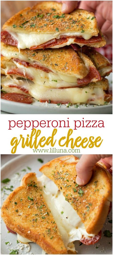 Pepperoni Pizza Grilled Cheese is stuffed with mozzarella, pepperoni sandwiched between two pieces of buttery garlic toast. It's a fun twist on a classic. #pepperonipizzagrilledcheese #grilledcheese #pepperonipizza #pizza #grilledcheeserecipe Grilled Cheese Oven, Pepperoni Grilled Cheese, Pizza Grilled Cheese, Toast Pizza, Grilled Cheese Sandwiches, Grilled Cheese Recipes, Rotisserie Chicken Recipes, Ground Beef Recipes For Dinner, Meatloaf Recipes