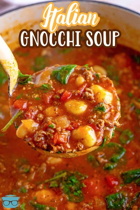 A ladle of Italian Gnocchi Soup over a pot of it. Italian Gnocchi Soup, Tomato Gnocchi Soup, Pizza Sauces, Italian Gnocchi, Gnocchi Recipes Soup, Stews Recipes, Gnocchi Soup, Homemade Soup Recipe, Ham Soup