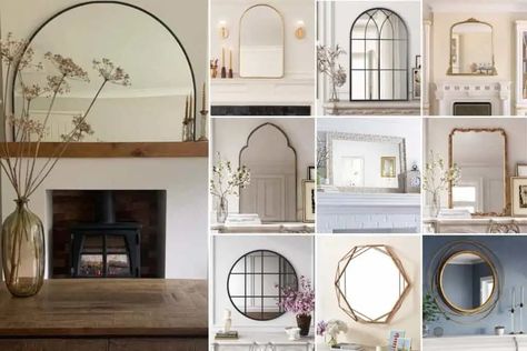 16 Styles Of Mirrors For Above The Fireplace - Restore Decor & More Fireplace Mirror Round, Mirror On Brick Fireplace, Arch Mirror Fireplace Mantles, Round Mirror Fireplace Mantle, Leaning Mirror On Fireplace Mantle, Above Fireplace Mirror, Mantel With Mirror Decorating Ideas, Mirror Over Fireplace Mantle Ideas, Round Mirror Mantle Decor