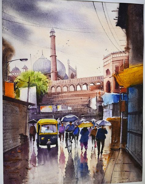 Kishnu Kurmi - Old Delhi Delhi Painting, Watercolor Indian, Watercolor Practice, Memory Drawing, Old Delhi, Bengali Art, Emoji Drawings, Hanuman Pics, Colour Painting