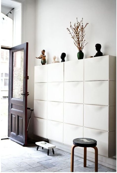 How To Use IKEA Trones Storage Boxes All Over the House | Apartment Therapy Shoe Storage Narrow Hallway, Ikea Shoe Storage, Ikea Trones, Vstupná Hala, Hallway Shoe Storage, Ikea Shoe, Entryway Shoe Storage, Hallway Storage, Ikea Storage