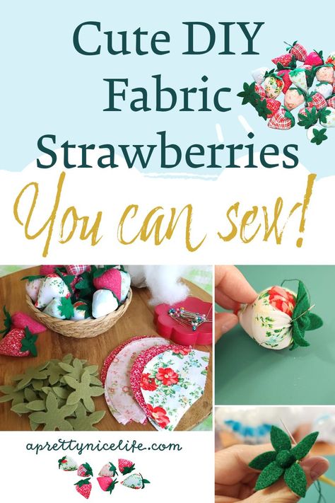 Fabric strawberry pattern easy tutorial - A Pretty Nice Life Diy Bowl Fillers, Fabric Strawberries, Strawberry Bowl, Mason Jar Cards, Nice Life, Scrap Busters, Strawberry Pattern, Spring Fun, Beginner Sewing