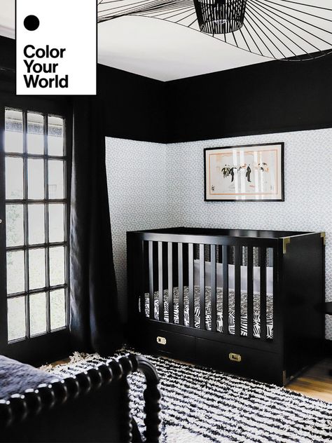 A Nursery Done the French Way: With Heavy Doses of Black and Florals Black And White Nursery Girl, Nursery Ideas Black, Black Crib Nursery Ideas, Black Baby Nursery, Pink And Black Nursery, Dark Nursery Ideas, Black Nursery Ideas, Modern Nursery Ideas, Pottery Barn Crib