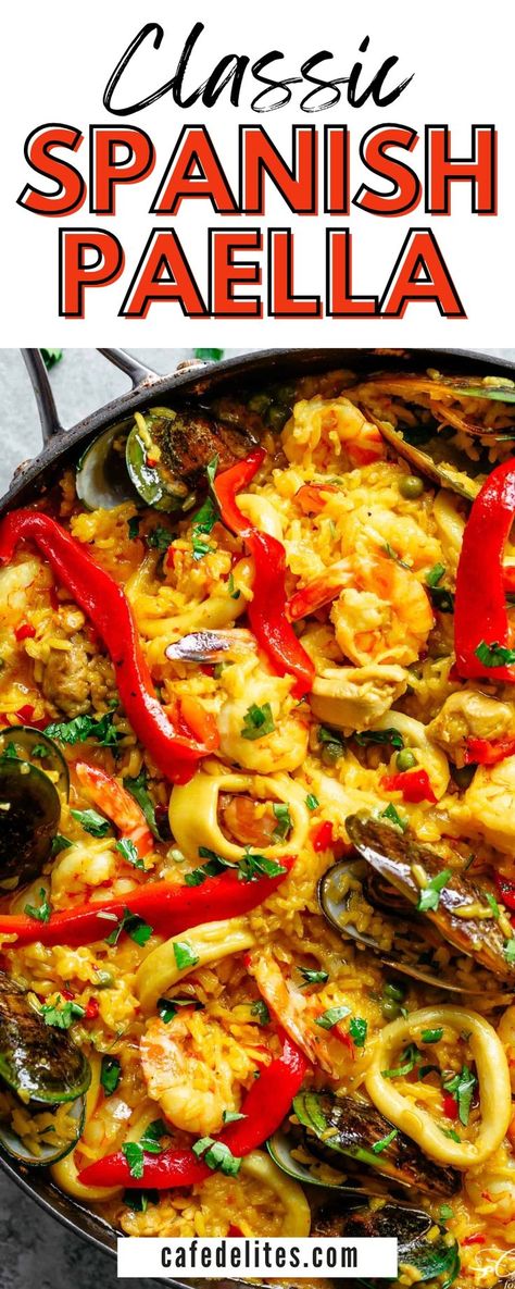 This Classic Spanish Paella rivals any restaurant paella. This is one of the most popular dishes to come out of Spain! Complete with the toasty, crispy, golden crust on the bottom (Soccarat) and amazing traditional flavours, our authentic recipe is versatile so you can easily alter the recipe to suit your own tastes! Traditional Spanish Paella Recipe, Best Paella Recipe, Spanish Paella Recipe, Mixed Seafood Recipe, Paella Recipe Seafood, Spanish Paella, Paella Valenciana, Popular Dishes, Seafood Paella