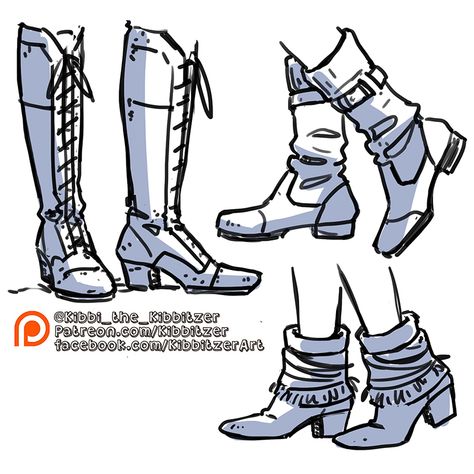 Enjoy my free previews! I know I can't stop the reposting, but please put the credits, don't trace and don't sell my work! you can find me on instagram facebook twitter and especially on patreon🧡---------------------character design, shoes, boots, reference, study, help for artist, concept art, drawing, kibbitzer Character Boots Design, Boots Tutorial Drawing, Stylized Face Reference, Cool Boots Drawing, Boots Design Ideas, Character Shoes Design, Cute Outfits Reference, How To Design Shoes, Cowboy Boot Drawing Reference