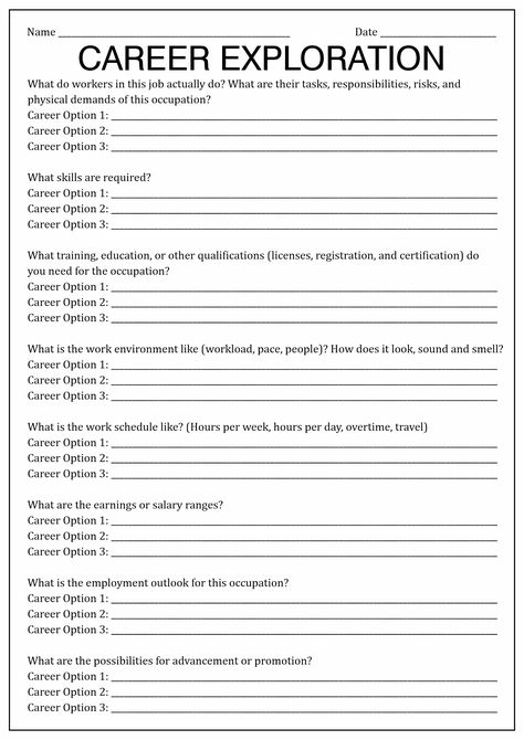 Career Exploration Worksheet High School, Financial Literacy For College Students, Career Interest Inventory High School, Career Exploration Activities Middle School, Career Interest Survey, Career Worksheets For Middle School, Career Planning Template, Career Investigation Middle School, High School Career Exploration