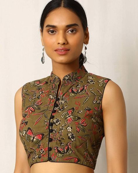 Buy Olive Green Indie Picks Kalamkari Print Sleeveless Cotton Blouse Kalamkari Blouse Designs, Sari Blouses, Sleeveless Blouse Designs, Kalamkari Print, Kalamkari Blouse, Blouse Designs High Neck, Cotton Blouse Design, Sari Blouse Designs, Blouse Designs Indian