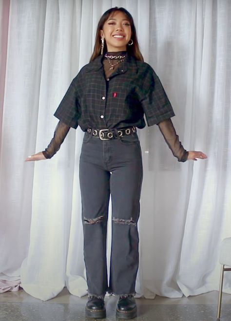 Tshirt Over Mesh Long Sleeve, Black Mesh Shirt Outfit Long Sleeve, Grungy Black Outfits, Thrifted Layered Outfits, Layered Outfits Winter Grunge, Layered Grunge Outfits Winter, Corset Top Layering Outfit, Long Black Seethrough Shirt Outfit, Layered Turtleneck Outfit Grunge