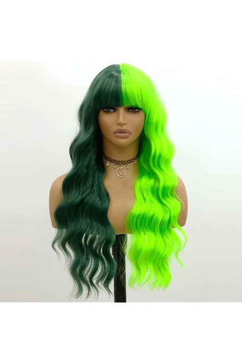 Green Body Wavy Wigs with Air Bangs Half and Half Green Wig Cap for Women Long Curly Heat Resistant Synthetic Green Wig for Daily Party Cosplay in 24 Inch Air Bangs, Wavy Wigs, Green Wig, Wig Party, Women Body, Half And Half, Hairstyles Ideas, Long Curly, Wig Cap