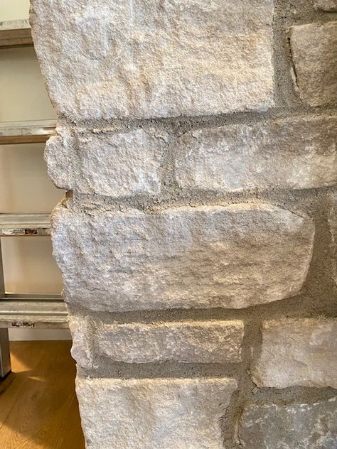 European Modern Fireplace Reveal - Seeking Lavender Lane French Cottage Fireplace Ideas, Fireplace With Faux Stone, European Stone Fireplace, European Farmhouse Fireplace, French Country Stone Fireplace, Grout Fireplace, French Country Fireplace Ideas, Cottage Fireplace Ideas, European Fireplace