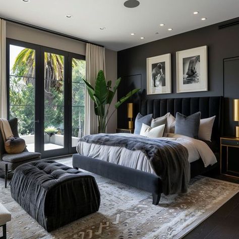 Luxury Farmhouse Bedroom Master, Master Bedrooms Charcoal, Black Bed Interior Design, Bedroom One Black Wall, Black Glass Bedroom Furniture, Bedroom Ideas Balcony, Black And Grey Master Bedrooms Decor, Black And Light Gray Bedroom, Black Bed Modern Bedroom