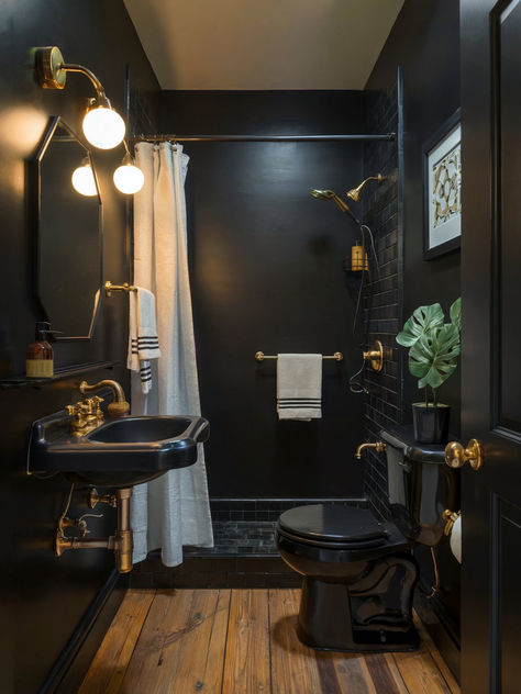 Black Toilet And Sink Bathroom, Bathroom With Black Trim, Dramatic Black Bathroom, Moody Hotel Bathroom, Dark Small Room Ideas, Black Bathroom Floor Ideas, Small Bathroom Ideas Moody, Practical Bathroom Ideas, Dark Moody Small Bathroom