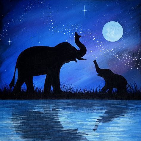 Elephants under a star filled night sky (acrylic painting) Night Time Painting Ideas, Animal Silhouette Painting, Elephant Silhouette Painting, Elephant Painting Canvas Acrylics, Elephant Painting Easy, Elephant Painting Simple, Elephant Painting Ideas, Elephant Painting Acrylic Easy, Elephant Drawing Realistic