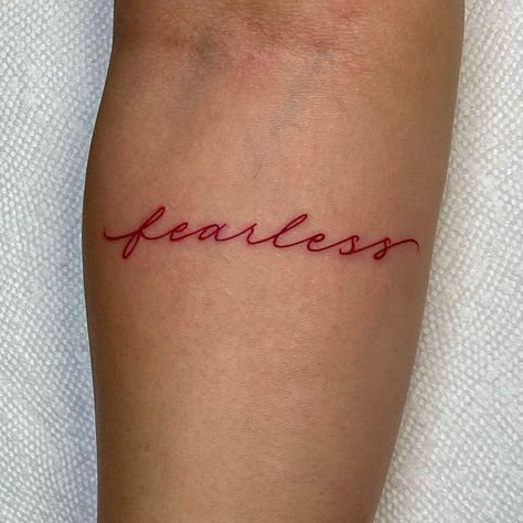 Red Always Tattoo, Red Cursive Tattoos For Women, Red Ink Font Tattoo, Red Script Tattoos For Women, Red Ink Name Tattoos Women, Red Written Tattoo, Name Tattoos Red Ink, Red Ink Quote Tattoo, Red Ink Text Tattoo