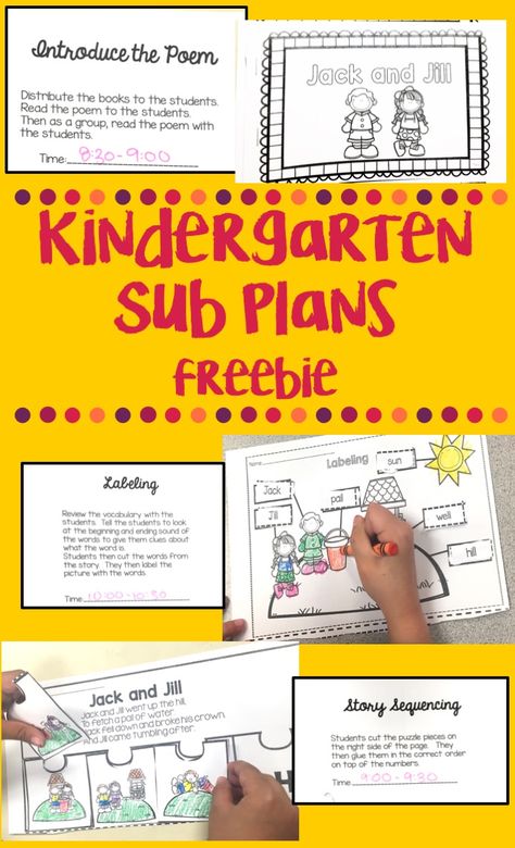 Free half day Jack and Jill themed sub plans. Includes an emergent reader, labeling activity and sequencing events. Kindergarten Sub Plans, Kindergarten Lesson Plans Template, Supply Teacher, Labeling Activities, Summer Prep, Writing Lesson Plans, Kindergarten Rocks, Classroom Idea, Substitute Teaching