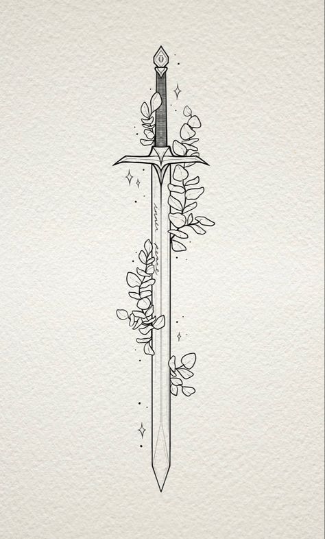 Fine line tattoo sword design with eucalyptus surrounding it magical mystical sword Simple Lightsaber Tattoo, Lotr Swords Tattoo, Ataraxia Acotar, Swords Acotar, Acotar Line Art, Truth Teller Acotar Tattoo, Acotar Sketches, Ataraxia Tattoo Acotar, Paladin Tattoo