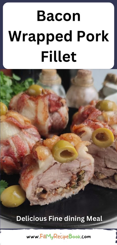 Bacon Wrapped Pork Fillet recipe idea. Create and cook at home this easy stuffed oven baked tenderloin for a fine dining dinner or lunch. Oven Baked Tenderloin, Baked Tenderloin, Fine Dining Dinner, Pork Fillet Recipes, Onion Stuffing, Juicy Pork Tenderloin, Bacon Wrapped Pork Tenderloin, Oven Baked Bacon, Bacon Wrapped Pork