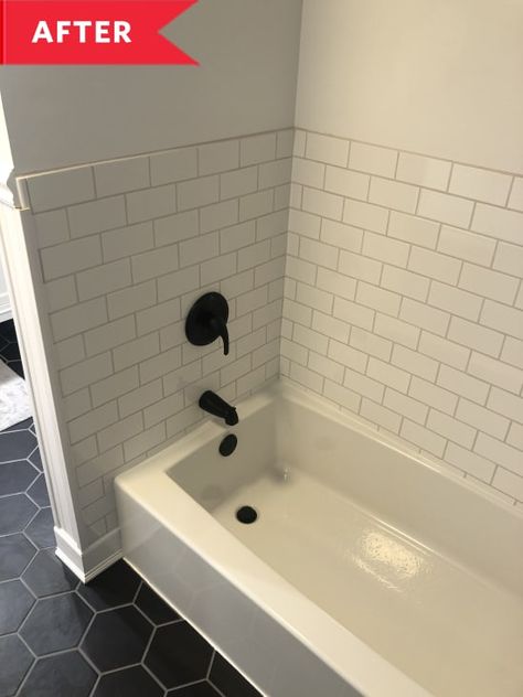 Tile Around Tub, White Bath Tub, 1980s Bathroom, Tile Around Bathtub, White Subway Tile Bathroom, Black Subway Tiles, Tub Remodel, Old Bathrooms, Black And White Bathroom