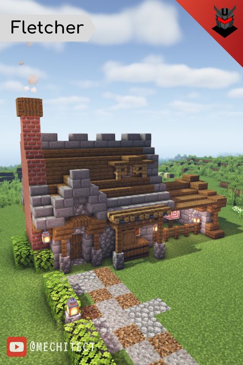 Minecraft Villager House Medieval, Fletchers House Minecraft, Minecraft Fletcher House Ideas, Minecraft Villager Fletcher House, Mincraft Idea Houses Midevil, Minecraft Midevil Houses How To Build, Minecraft Medieval Shop Ideas, Minecraft Medieval Butcher, Fletcher Minecraft House