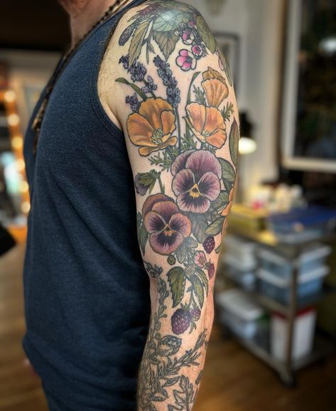 Alice Kendall on Instagram: “Slowly managing to finish this sleeve for Jon! Pansies, blackberry, California poppies and lavender colored today @wonderlandpdx” Pansy Tattoo, Upper Leg Tattoos, Shoulder Sleeve Tattoos, California Poppies, Arm Tattoos, American Traditional Tattoo, Love Tattoos, Arm Sleeve, Body Mods