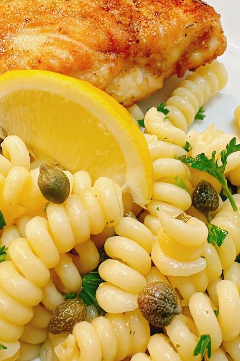 Lemon Caper Pasta Lemon Caper Pasta, Chicken Soup Base, Meatless Mains, Favorite Pasta Recipes, Hot Dish, Rotini Pasta, Lemon Pasta, White Fish, Pasta Noodles