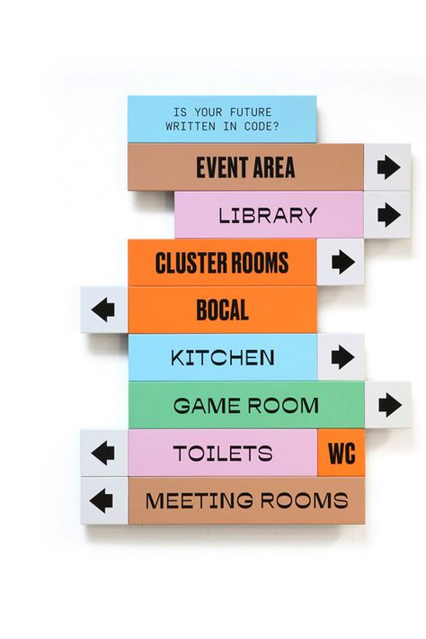 Environmental Graphics Signage, Wayfinding Signage Design, Coding School, Wayfinding Signs, Navigation Design, Retail Signage, Wayfinding Design, Environmental Graphic Design, Event Signage