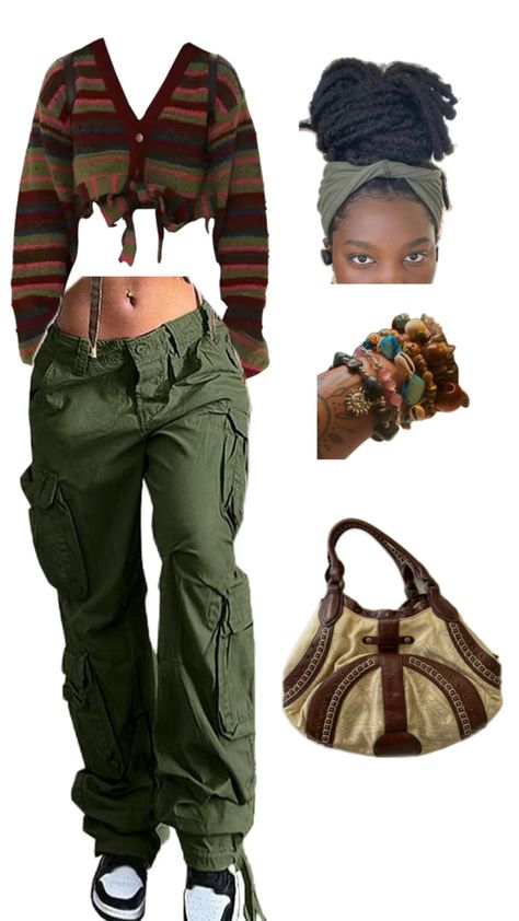 Cropped cardigan with green parachute pants and black Jordan’s with a cole hann tote bag. Earthy Baddie Aesthetic, Earth Girl Aesthetic Outfits, Earthy Streetwear, Plant Mom Aesthetic Outfit, Green Crop Top Outfit, Earthy Aesthetic Fashion, Earthy Aesthetic Outfits, Indie Aesthetic Fashion, Earthy Fits