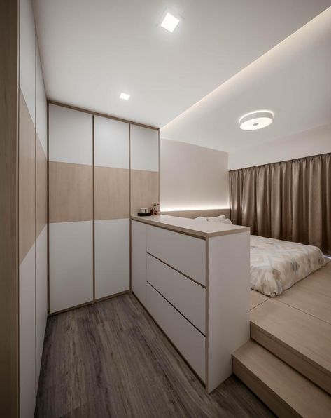 Inside an Open-Plan Bidadari Flat With Smart Home Fittings | Qanvast Japanese Bedroom Design, Closet Small Bedroom, Small Bedroom Interior, Platform Bedroom, Small Room Design Bedroom, Bedroom Deco, Small Room Design, Minimalist Room, Bedroom Furniture Design