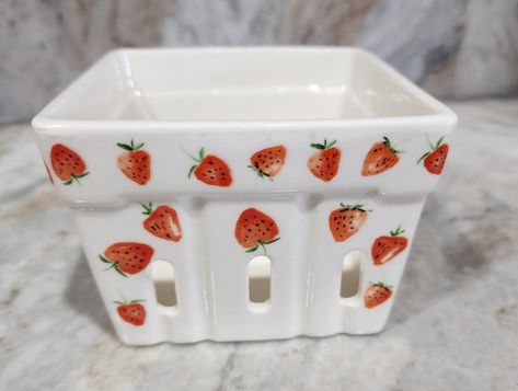 "Ceramic Berry Basket with a strawberry or blueberry design 4.25\" X 4.25\"  and 3\" Deep This is brand new The basket features slotted sides for ventilation, effectively providing air for your fruits during the hot summer months. In this ceramic berry basket, your berries will stay fresh and plump because of this efficient design. It can also be used as a fruit container." Ceramic Fruit Basket, Ceramic Berry Basket, Blueberry Design, Strawberry House, Fruit Container, Strawberry Basket, Strawberry Decor, Strawberries And Blueberries, Storybook House