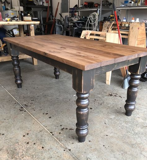 Black Walnut Farmhouse Table, Dark Walnut Stain Dining Table, Black Wooden Kitchen Table, Black Walnut Dining Table Farmhouse, Farmhouse Table Colors Stains, Farmhouse Table Black Legs Wood Top, Chocolate Brown Kitchen Table, Black And Stained Table, Black Table With Wood Top