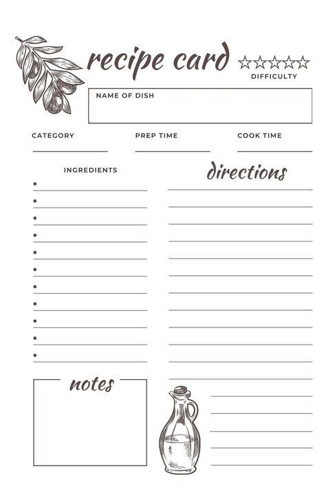 "Printable Recipe Card  With Minimalist Design, Fillable Recipe Page, Instant Download Recipe Blank Check out our Printable Recipe Cards! What you get: A file you can print easily at home or your local print shop (PDF format). These cards work best when printed on sturdy cardstock paper. Choose from different sizes: US Letter, A5, or 6\"x4\". Easy to Print: Just download the high-quality PDF file, print it out, and you're ready to organize your recipes. Stylish Organization: Keep your favorite recipes neat and tidy. These cards have space for ingredients, directions, and any extra notes you want to add. Sizes for Any Collection: Fit them in recipe boxes or binders - whatever works best for you. How to Use: Buy the printable recipe cards. Download the PDF file instantly. Print on your prefe Recipe Diary Ideas, Recipe Page Aesthetic, Recipe Cover Page, Recipe Outline Template, Recipe Paper Template, Recipes Template Printable Free, Blank Journal Pages Printable, Recipe Book Page Design, Recipe Card Design Layout