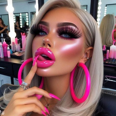 Thick Makeup, Fake Lips, Dance Clubs, Lace Up Bodycon Dress, Glamour Hair, Princess Makeup, Glitter Lip, Hot Pink Lips, Bold Makeup Looks