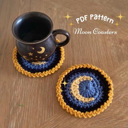 Crescent Moon Coasters by Mumsy Makes Crochet. Make these beautiful coasters for yourself or loved ones. A great make for anyone who loves astrology, moon phases, Wicca or paganism. A great alternative gift. This pattern uses single crochets, chains and slip stitches as well as multiple colour changes. Colours are changed by fastening off and reattaching the new colour. Pattern is in US terminology. Astrology Moon, Slip Stitches, Coasters Crochet, Witchy Home Decor, Alternative Gifts, Love Astrology, Crochet Coasters, Slip Stitch, Multiple Color